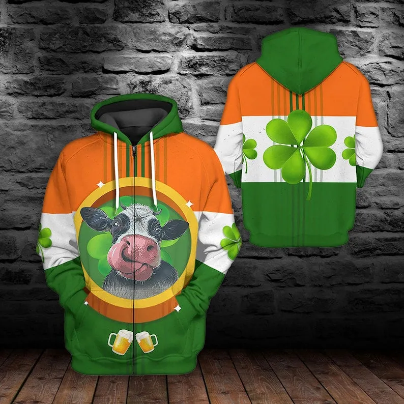 3D St Patrick's Day Smile Cow Hoodie Shirt For Men Women