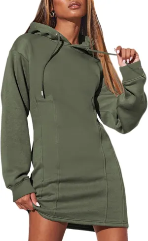 AlvaQ Womens Dresses Fall Winter 2024 Casual Long Sleeve Drawstring Pleated Hoodies Sweatshirt Pullover Tunic Mini Dress