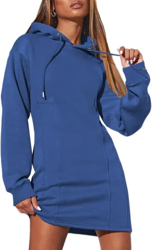 AlvaQ Womens Dresses Fall Winter 2024 Casual Long Sleeve Drawstring Pleated Hoodies Sweatshirt Pullover Tunic Mini Dress