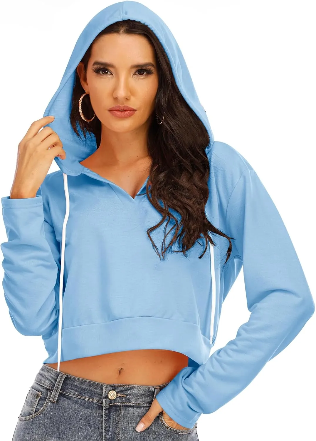 Anbenser Womens Cropped Hoodies Long Sleeve Pullover Crop Top Deep V Neck Sweatshirt