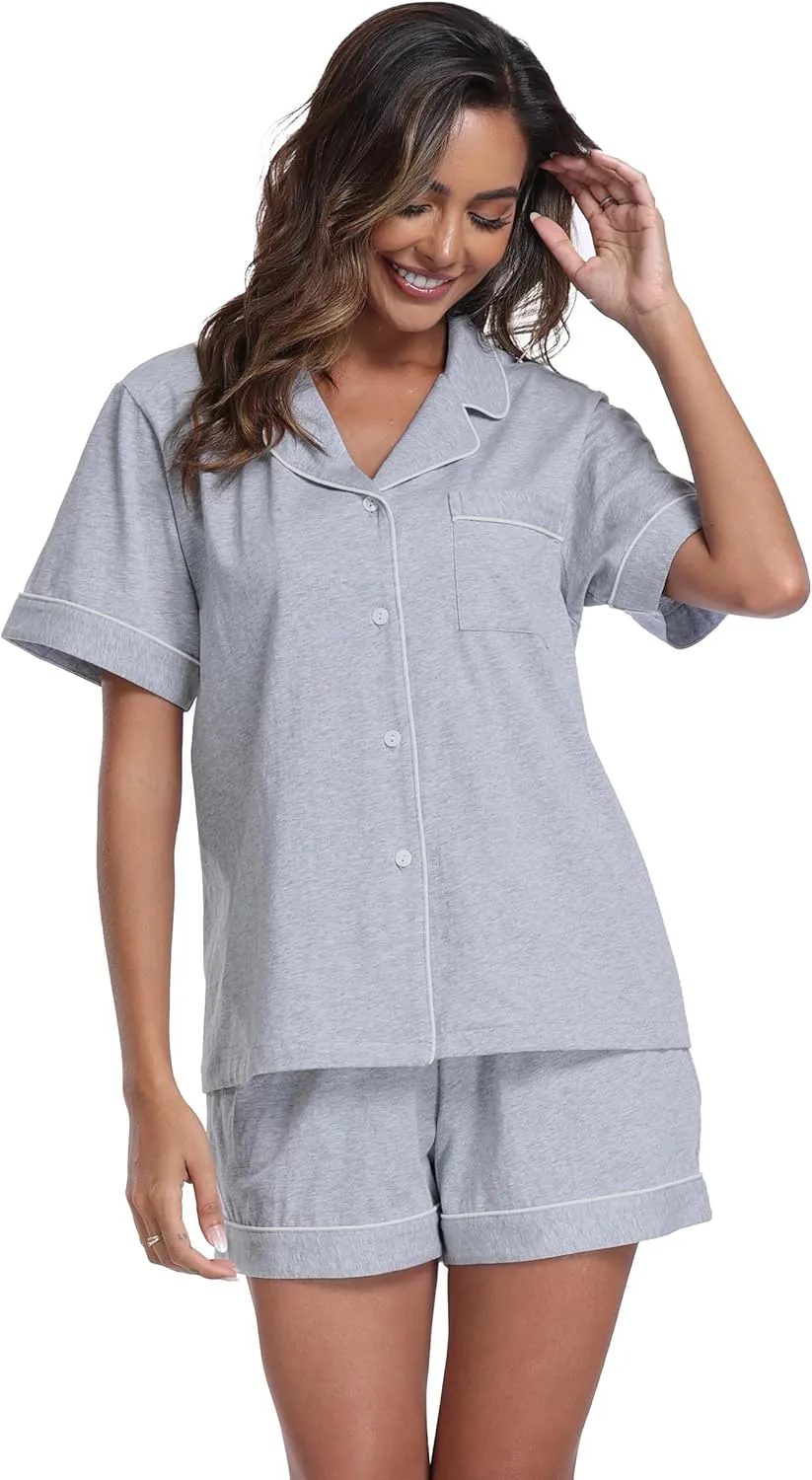 ANLIQI Womens Cotton Pajama Sets Short Summer Pjs Sets Soft Button Down Sleepwear Short Sleeve Shirt&Pants Sleepwear