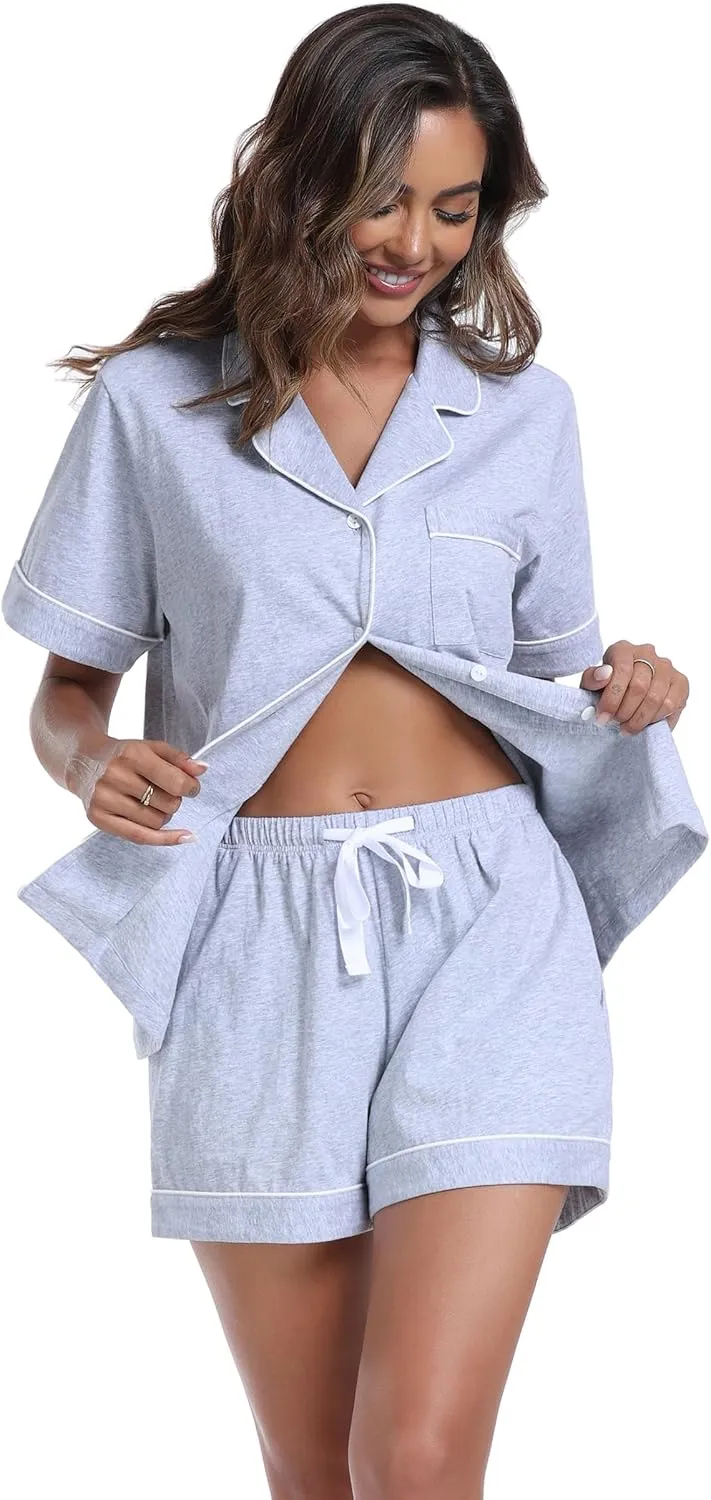 ANLIQI Womens Cotton Pajama Sets Short Summer Pjs Sets Soft Button Down Sleepwear Short Sleeve Shirt&Pants Sleepwear