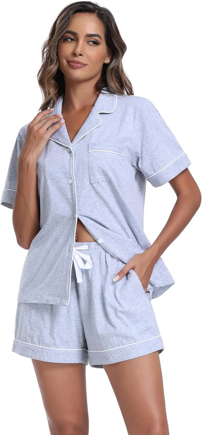 ANLIQI Womens Cotton Pajama Sets Short Summer Pjs Sets Soft Button Down Sleepwear Short Sleeve Shirt&Pants Sleepwear