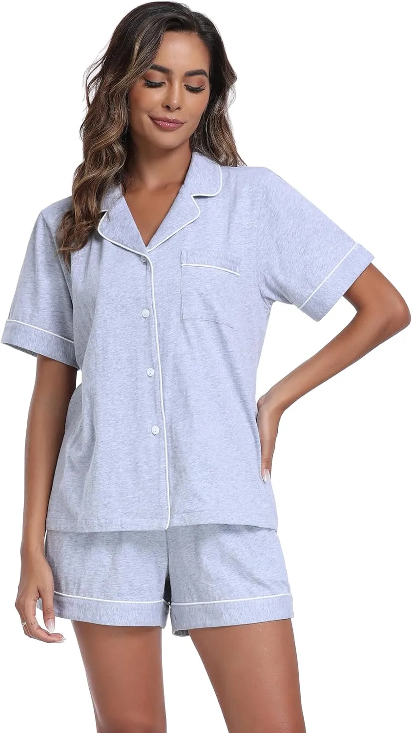 ANLIQI Womens Cotton Pajama Sets Short Summer Pjs Sets Soft Button Down Sleepwear Short Sleeve Shirt&Pants Sleepwear