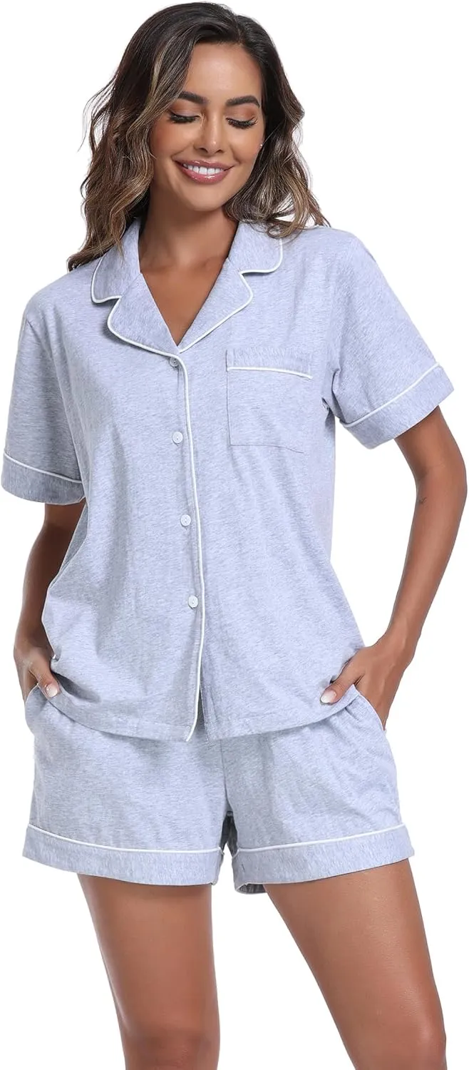 ANLIQI Womens Cotton Pajama Sets Short Summer Pjs Sets Soft Button Down Sleepwear Short Sleeve Shirt&Pants Sleepwear