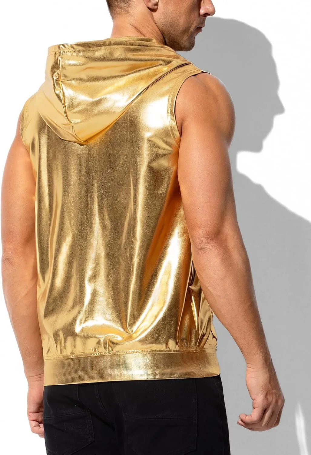 Arjen Kroos Men's Metallic Hoodie Vest Sequin Zip Up Sleeveless Rave Disco Shiny T Shirt with Pockets