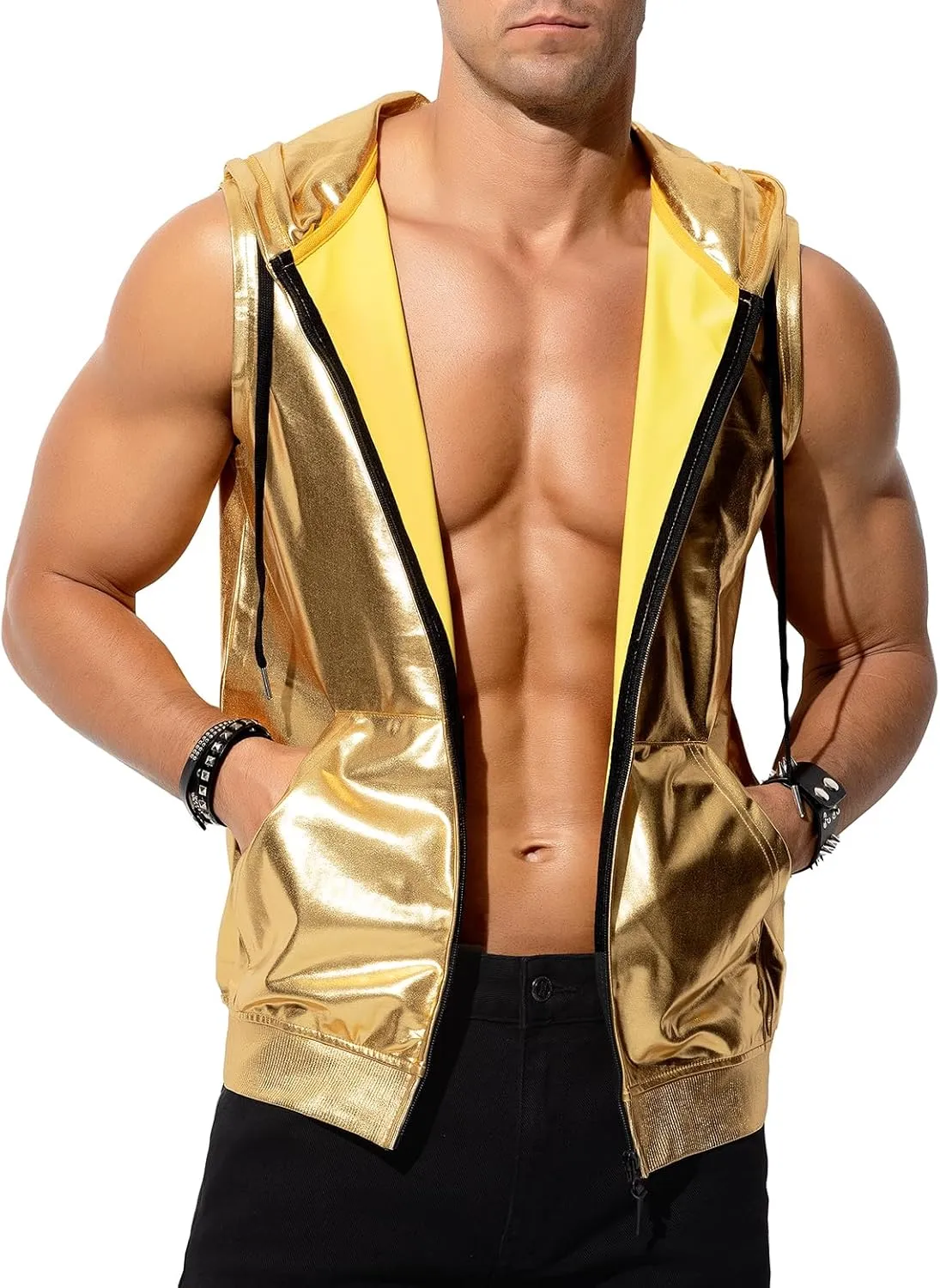 Arjen Kroos Men's Metallic Hoodie Vest Sequin Zip Up Sleeveless Rave Disco Shiny T Shirt with Pockets