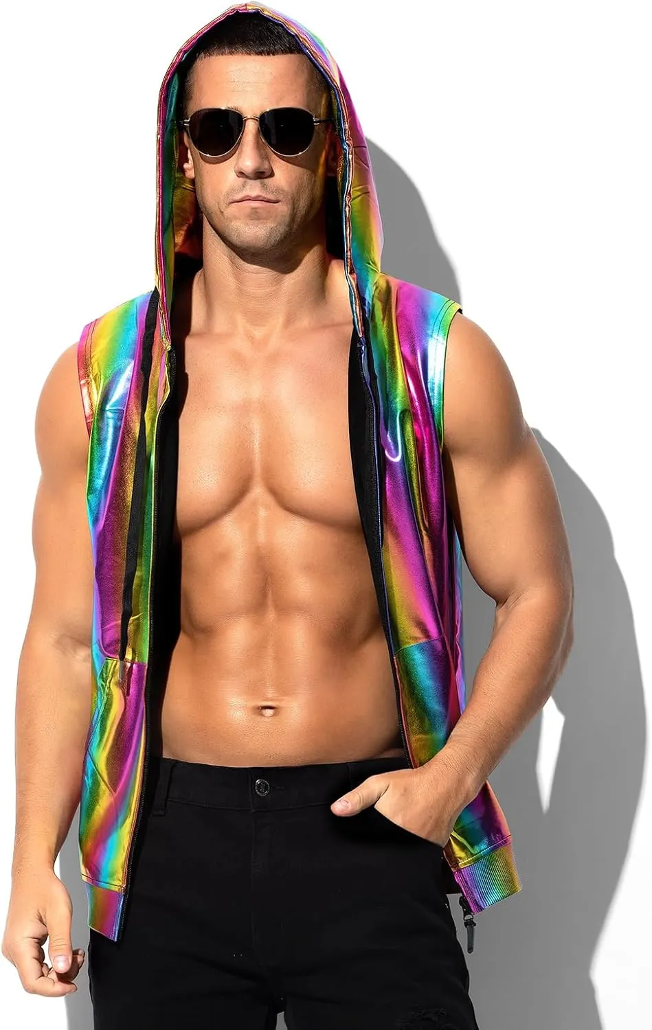 Arjen Kroos Men's Metallic Hoodie Vest Sequin Zip Up Sleeveless Rave Disco Shiny T Shirt with Pockets