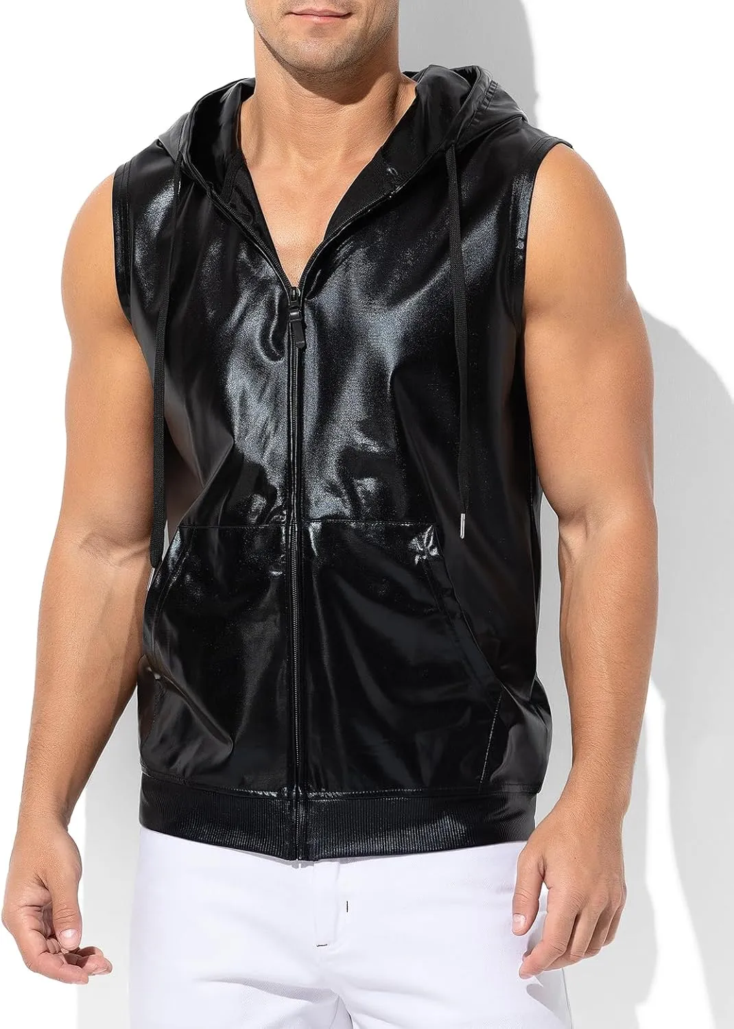 Arjen Kroos Men's Metallic Hoodie Vest Sequin Zip Up Sleeveless Rave Disco Shiny T Shirt with Pockets