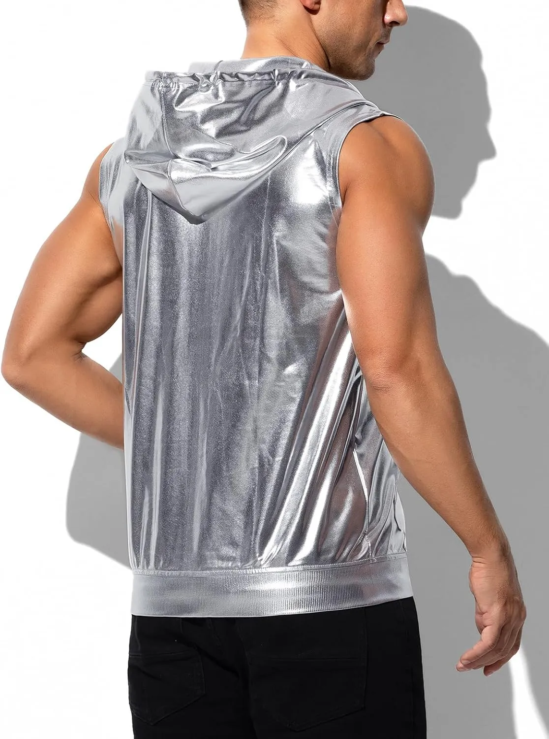 Arjen Kroos Men's Metallic Hoodie Vest Sequin Zip Up Sleeveless Rave Disco Shiny T Shirt with Pockets