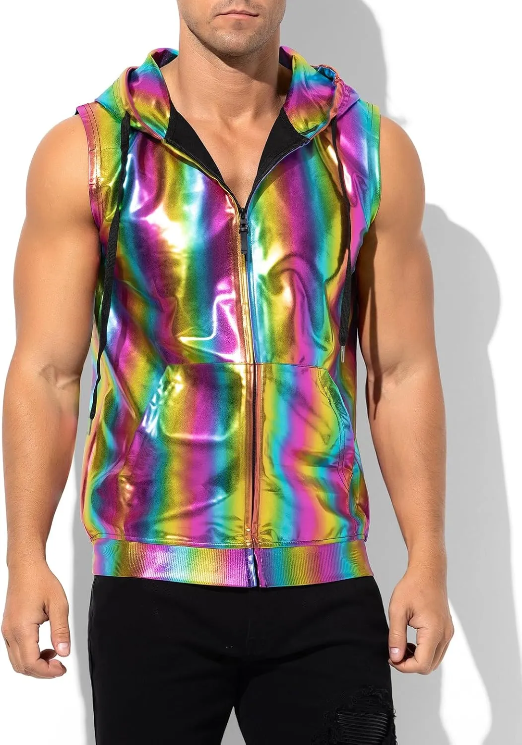 Arjen Kroos Men's Metallic Hoodie Vest Sequin Zip Up Sleeveless Rave Disco Shiny T Shirt with Pockets