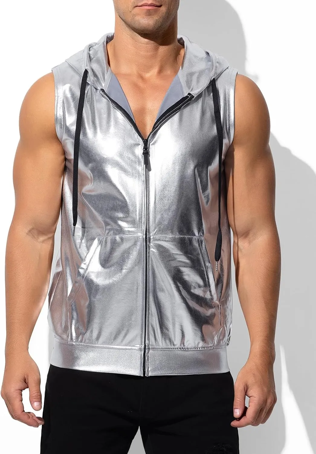 Arjen Kroos Men's Metallic Hoodie Vest Sequin Zip Up Sleeveless Rave Disco Shiny T Shirt with Pockets