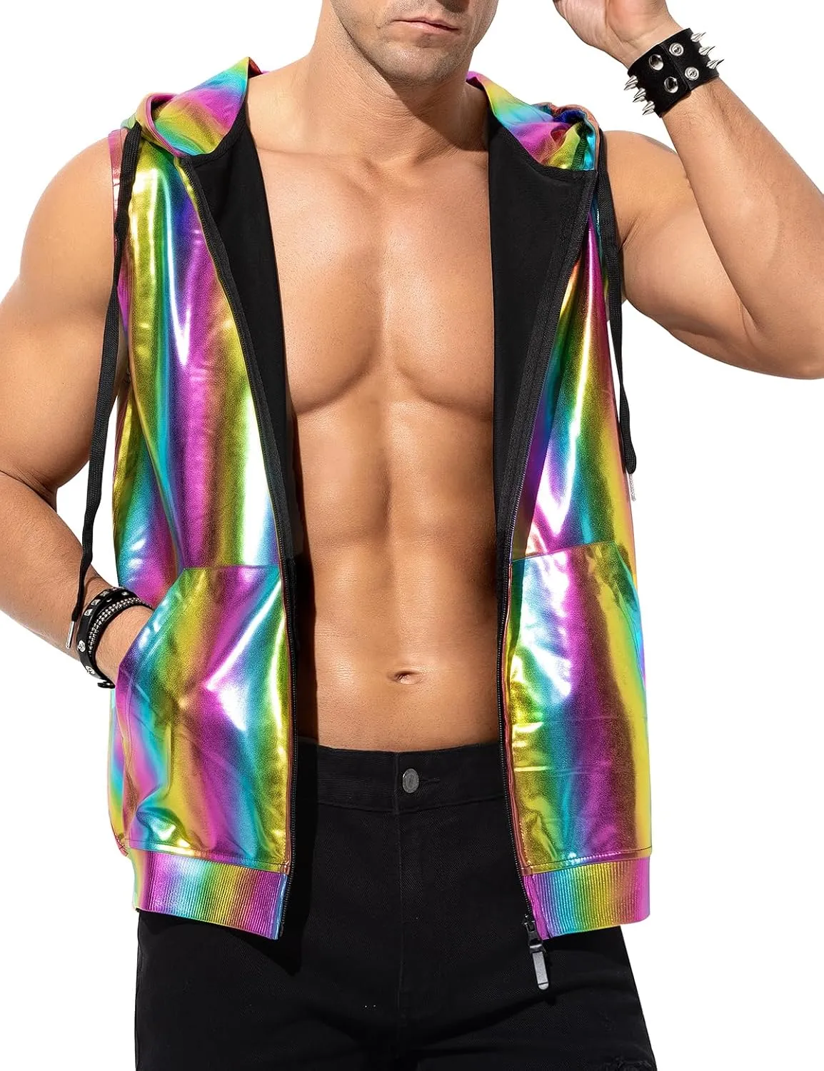 Arjen Kroos Men's Metallic Hoodie Vest Sequin Zip Up Sleeveless Rave Disco Shiny T Shirt with Pockets