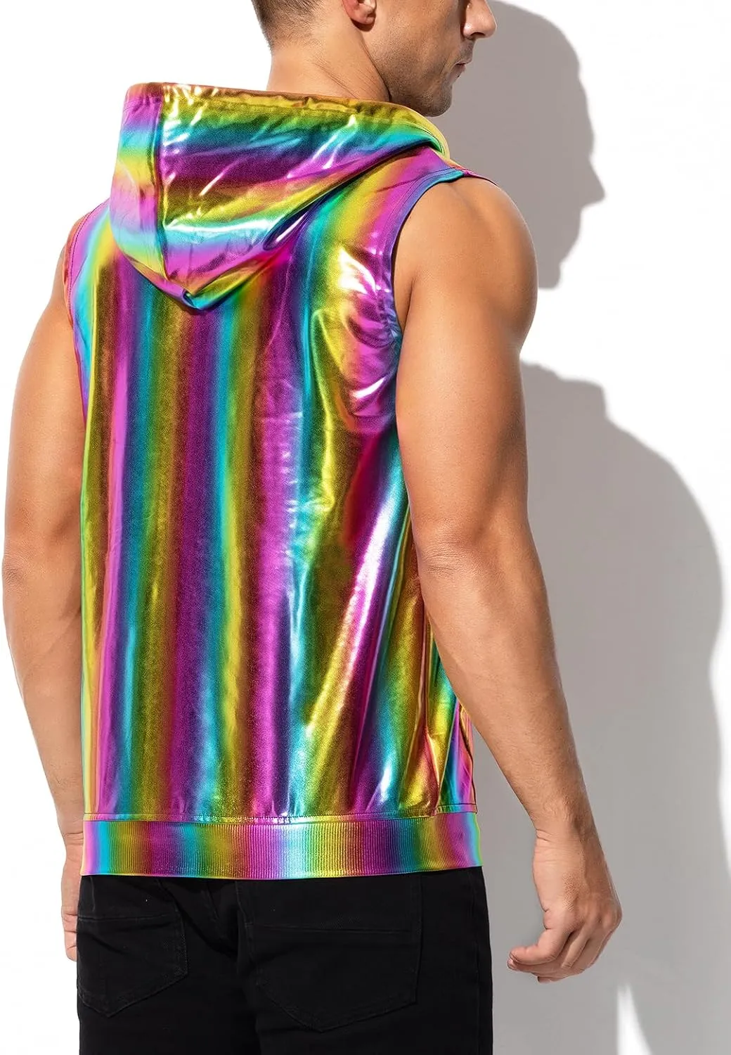 Arjen Kroos Men's Metallic Hoodie Vest Sequin Zip Up Sleeveless Rave Disco Shiny T Shirt with Pockets