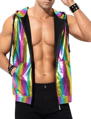 Arjen Kroos Men's Metallic Hoodie Vest Sequin Zip Up Sleeveless Rave Disco Shiny T Shirt with Pockets