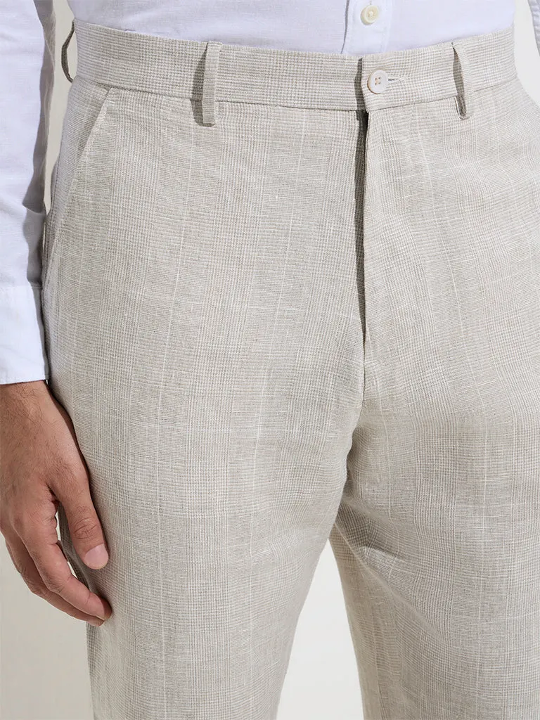Ascot Beige Checkered Relaxed-Fit Mid-Rise Linen Trousers