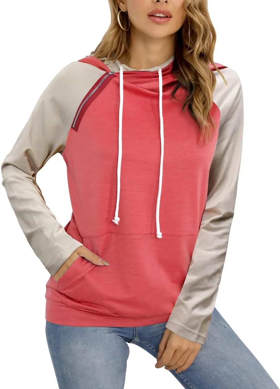 Barlver Women's Casual Hoodies Long Sleeve Sweatshirts Cowl Neck Drawstring Hooded Pullover Top with Pockets