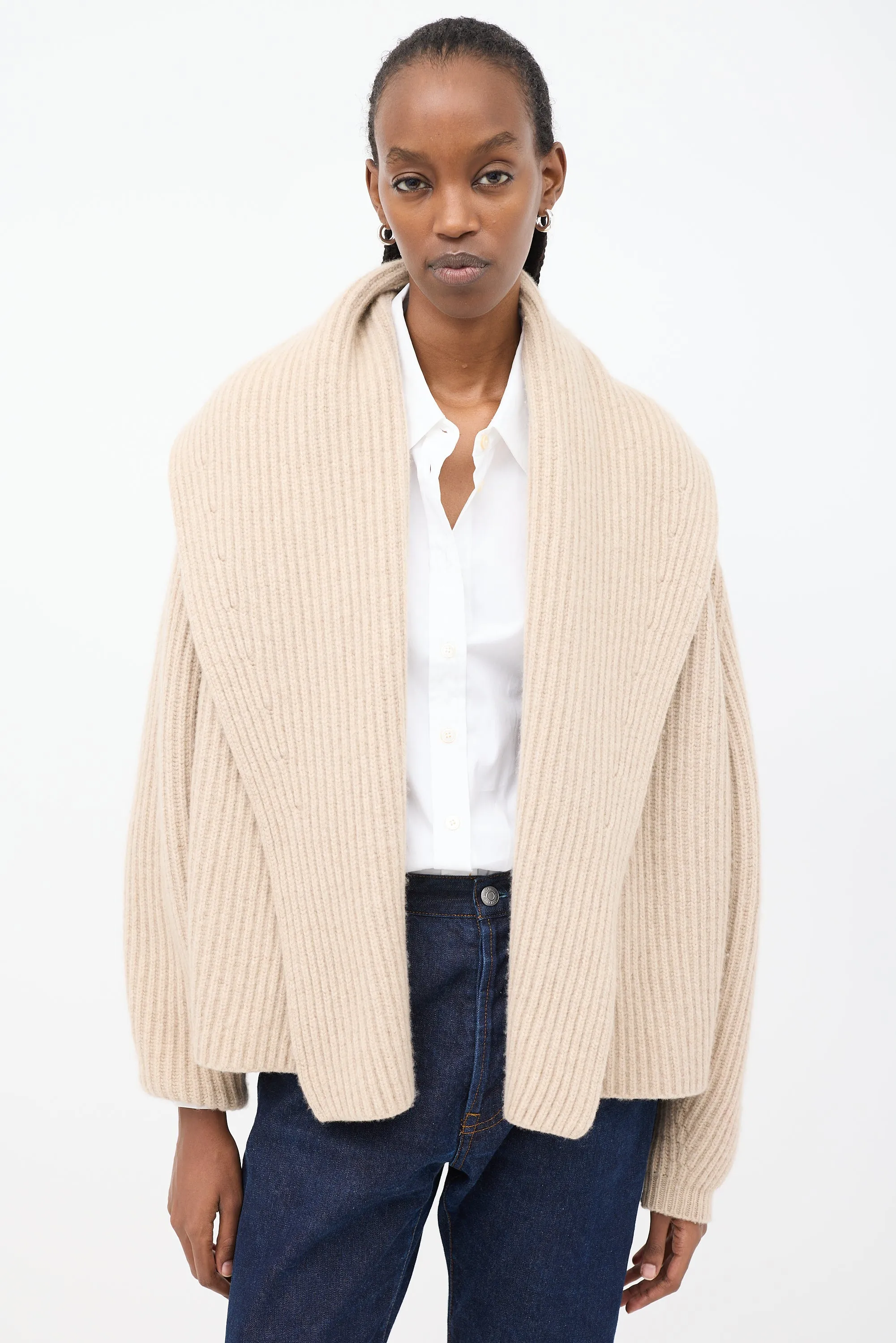 Beige Cashmere Wide Shawl Collar Cardigan