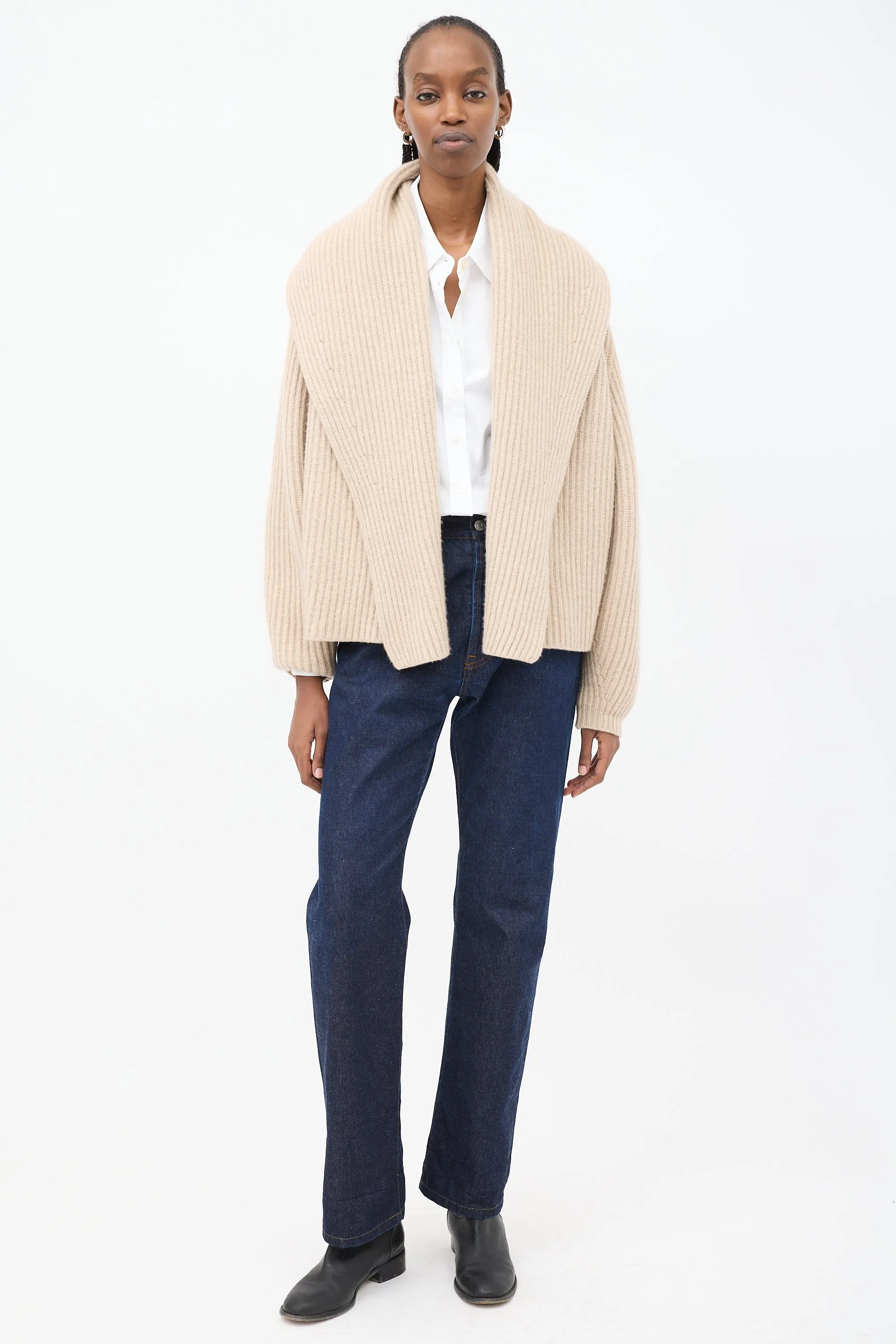 Beige Cashmere Wide Shawl Collar Cardigan