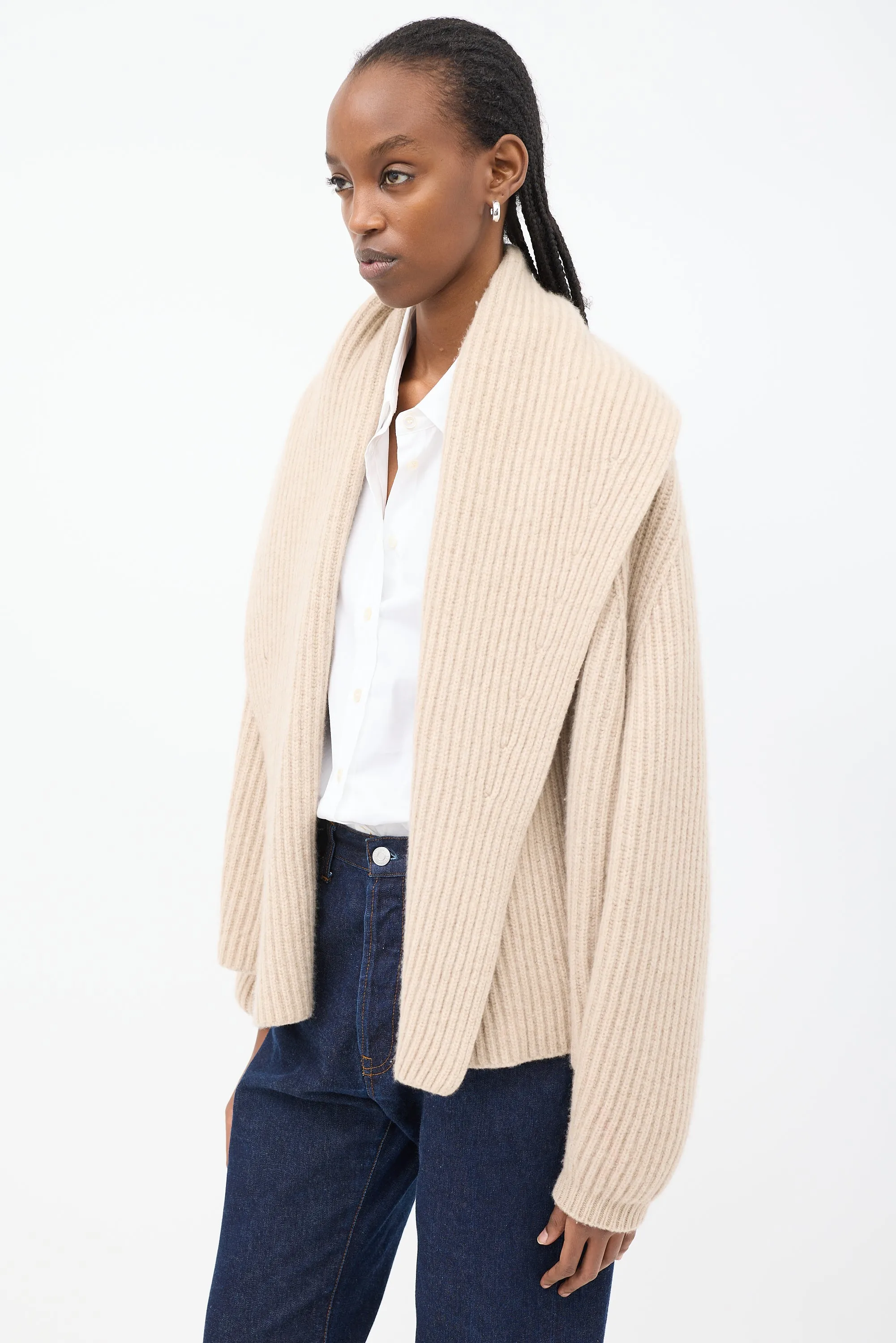 Beige Cashmere Wide Shawl Collar Cardigan