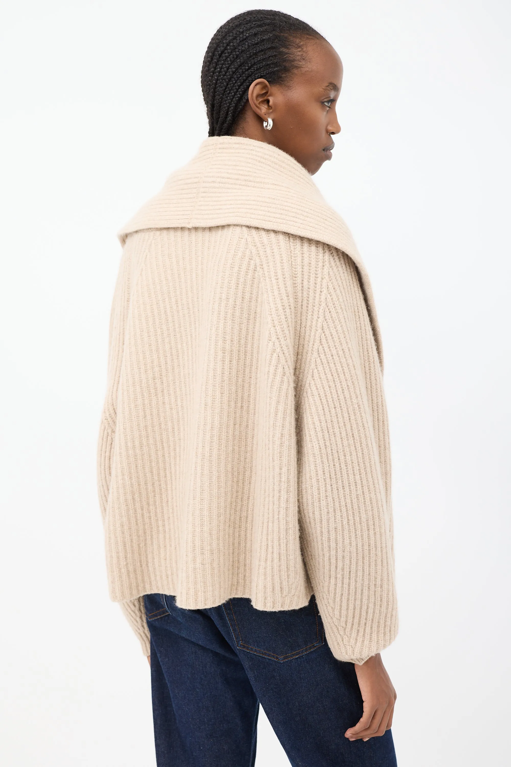 Beige Cashmere Wide Shawl Collar Cardigan
