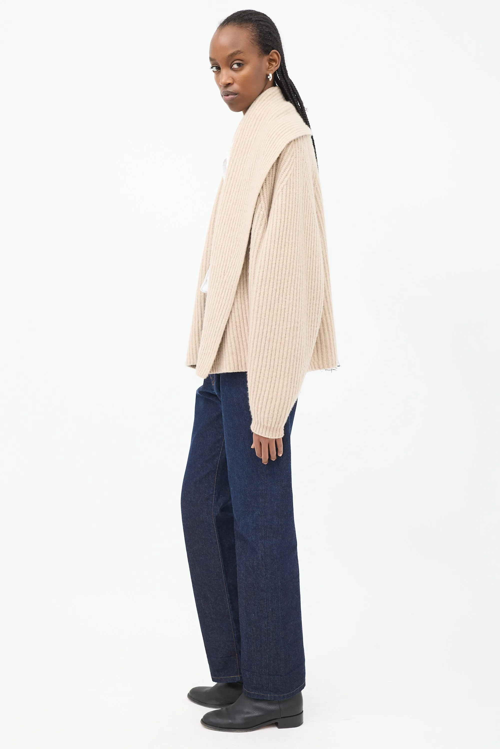 Beige Cashmere Wide Shawl Collar Cardigan