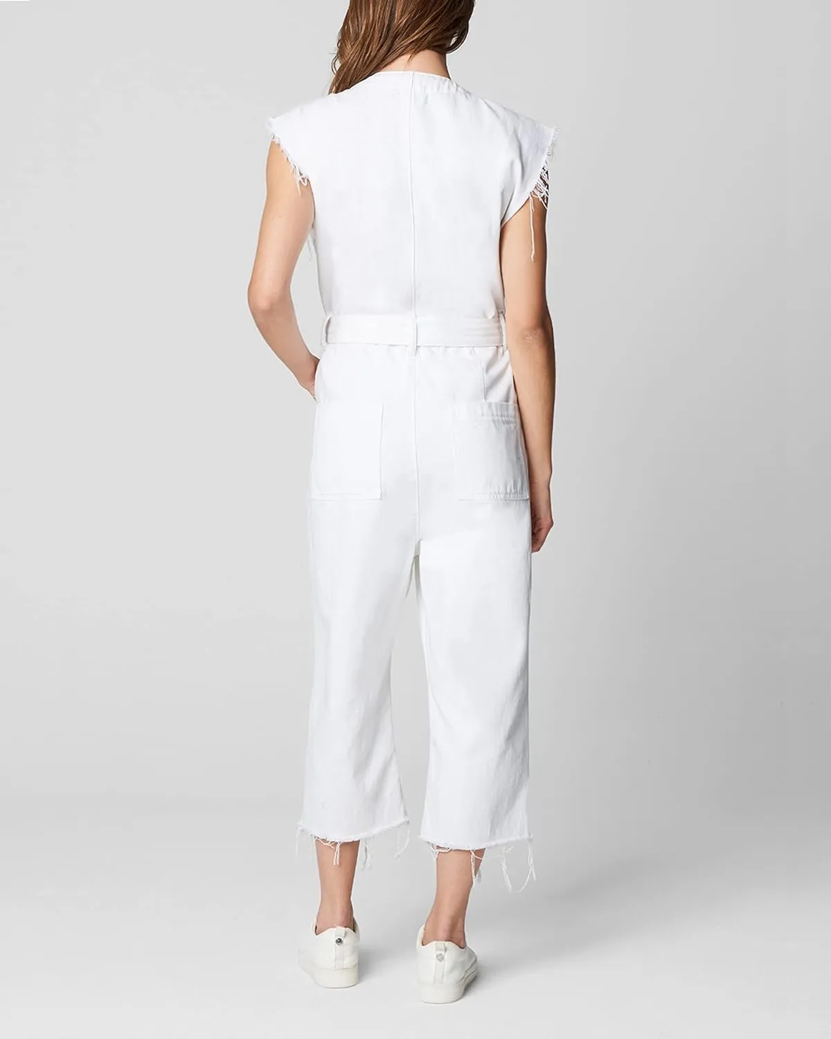 [BLANKNYC] womens Sleeveless Belted White Denim Jumpsuit, Stylish & Designer ClothingJumpsuit