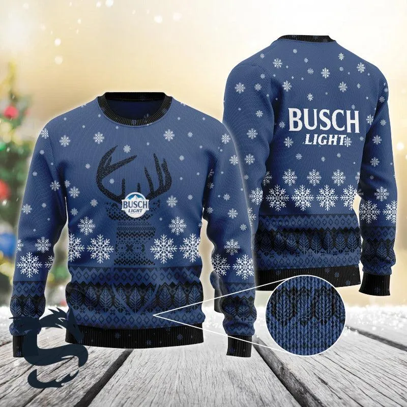 Blue Busch Light Reindeer Snowy Christmas Sweater