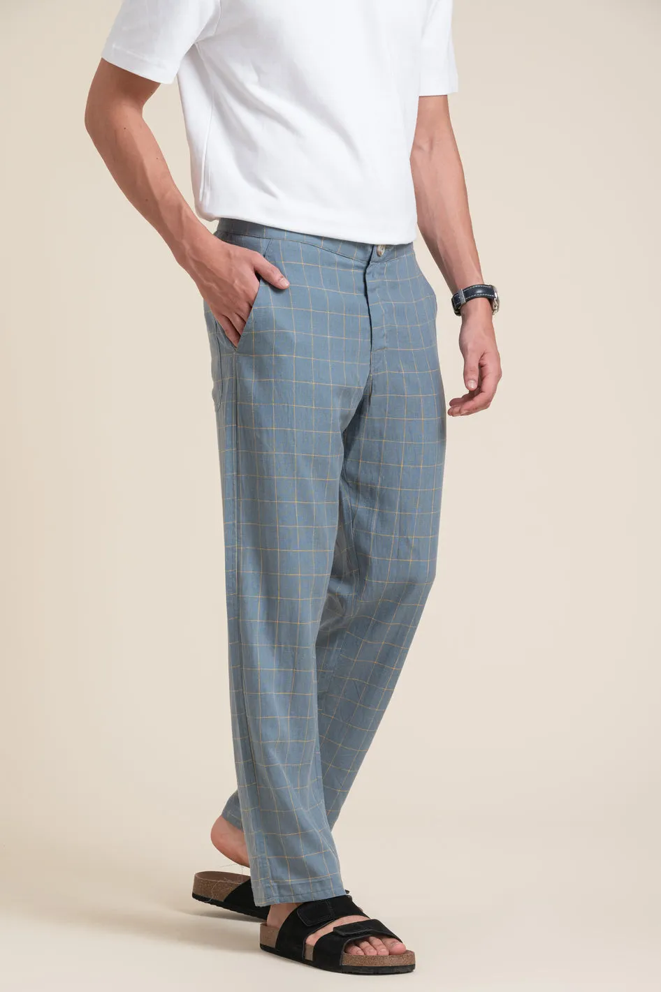 BLUE CHECK LINEN TROUSER