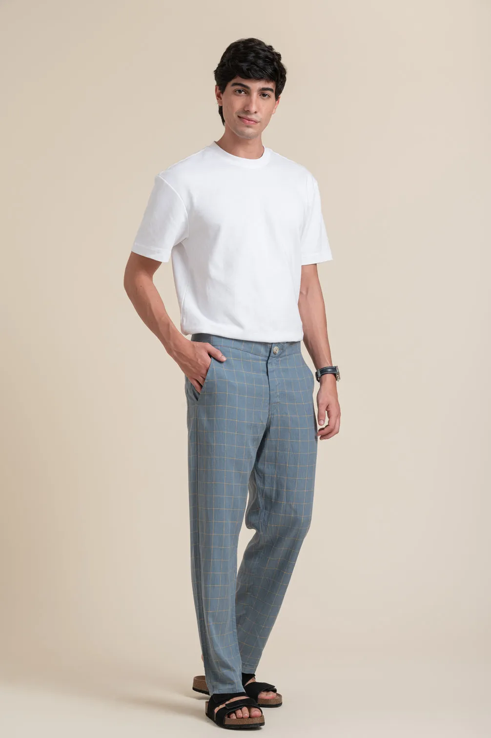 BLUE CHECK LINEN TROUSER