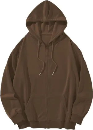Bobeutou Womens Zip Up Y2K Hoodies Long Sleeve Fall Oversized Casual Drawstring Drop Shoulder Sweatshirts Jacket with Pocket