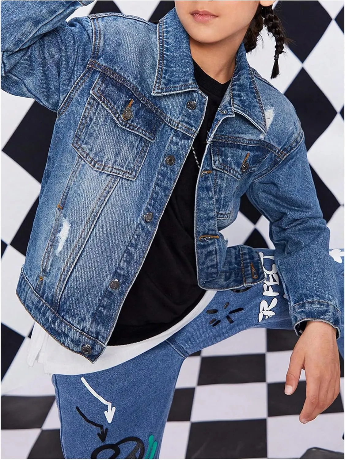 Boy's Denim Jacket Ripped Long Sleeve Button Down Jeans Jacket with Pocket