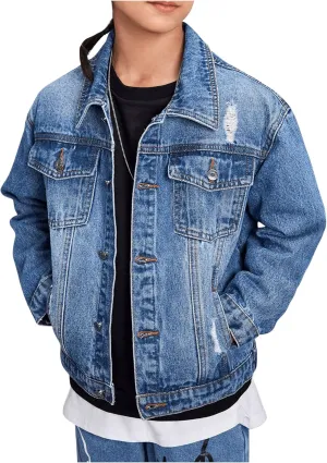 Boy's Denim Jacket Ripped Long Sleeve Button Down Jeans Jacket with Pocket