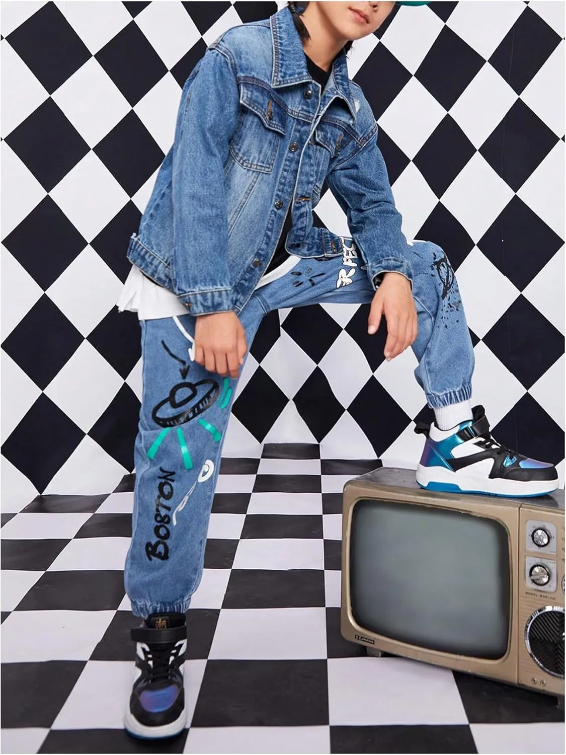 Boy's Denim Jacket Ripped Long Sleeve Button Down Jeans Jacket with Pocket