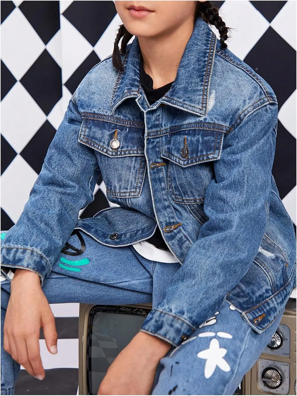 Boy's Denim Jacket Ripped Long Sleeve Button Down Jeans Jacket with Pocket