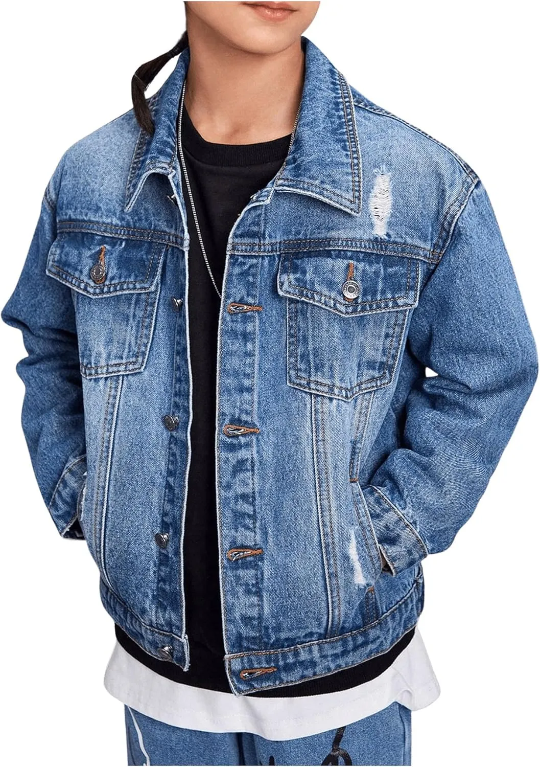 Boy's Denim Jacket Ripped Long Sleeve Button Down Jeans Jacket with Pocket
