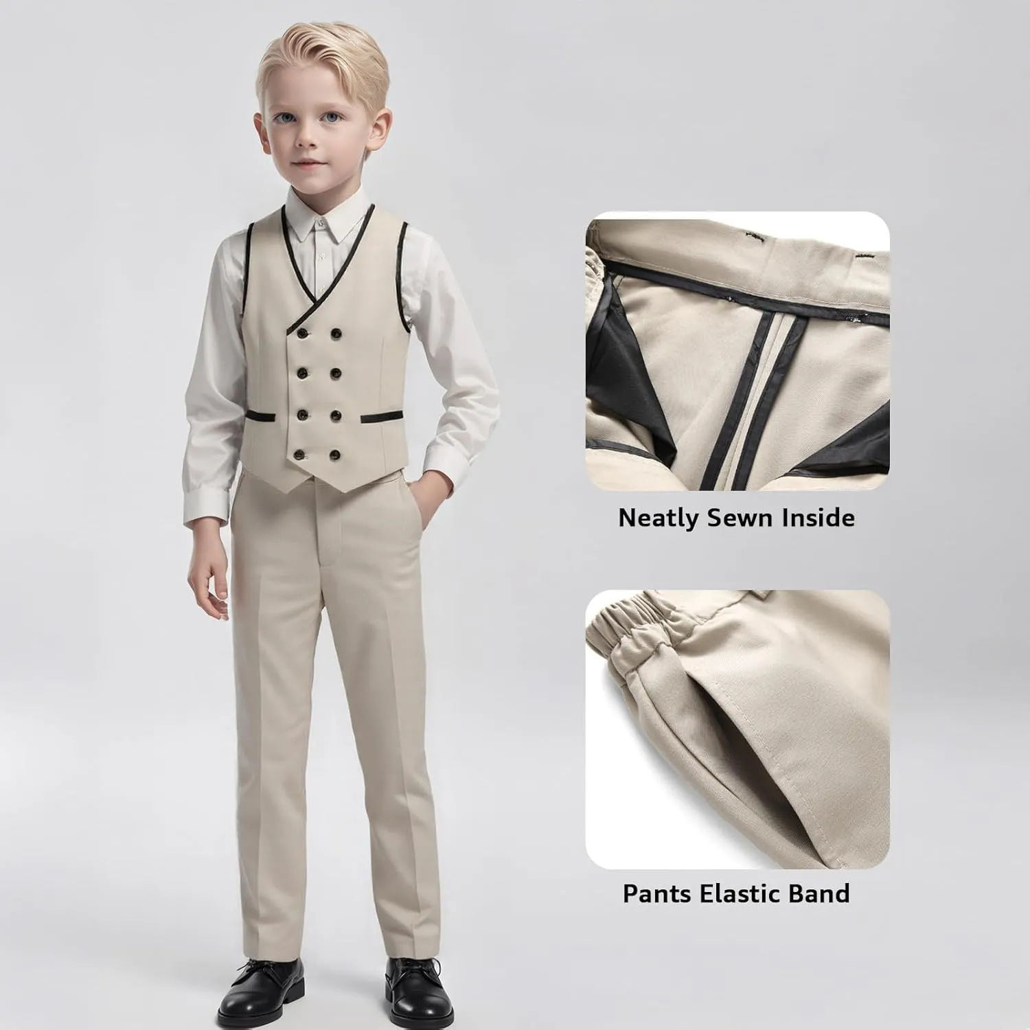 Boys Suit Set Slim Fit 4 Piece Formal Outfits Kids Suits Tuxedo Boys Vest Blazer Pants with Bow Tie for Wedding