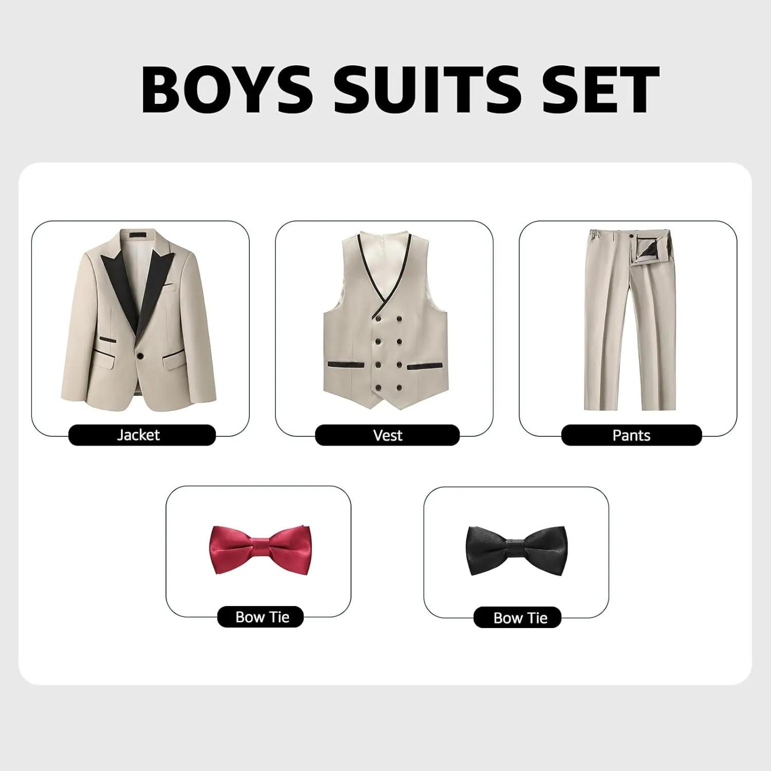 Boys Suit Set Slim Fit 4 Piece Formal Outfits Kids Suits Tuxedo Boys Vest Blazer Pants with Bow Tie for Wedding