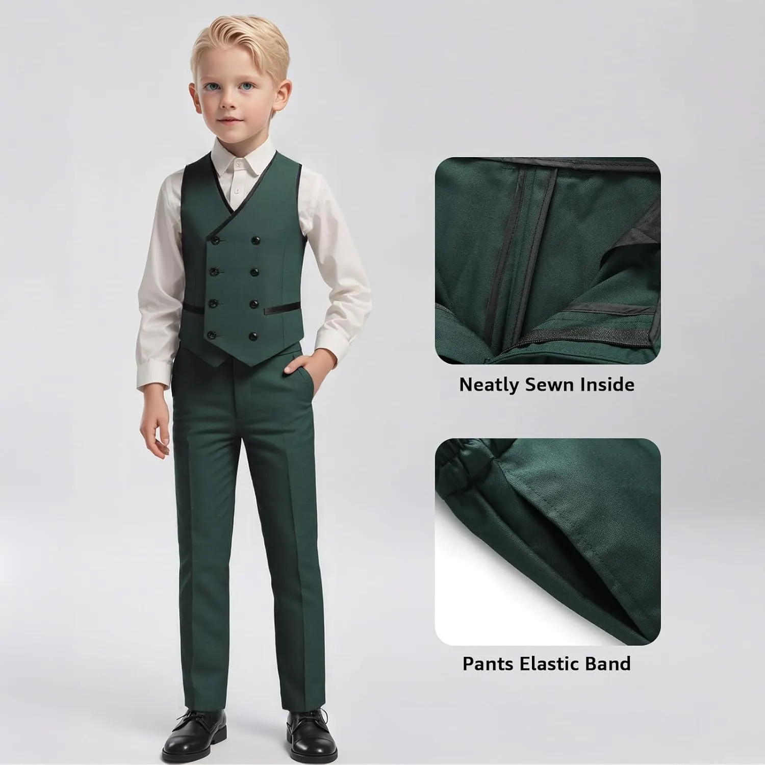 Boys Suit Set Slim Fit 4 Piece Formal Outfits Kids Suits Tuxedo Boys Vest Blazer Pants with Bow Tie for Wedding
