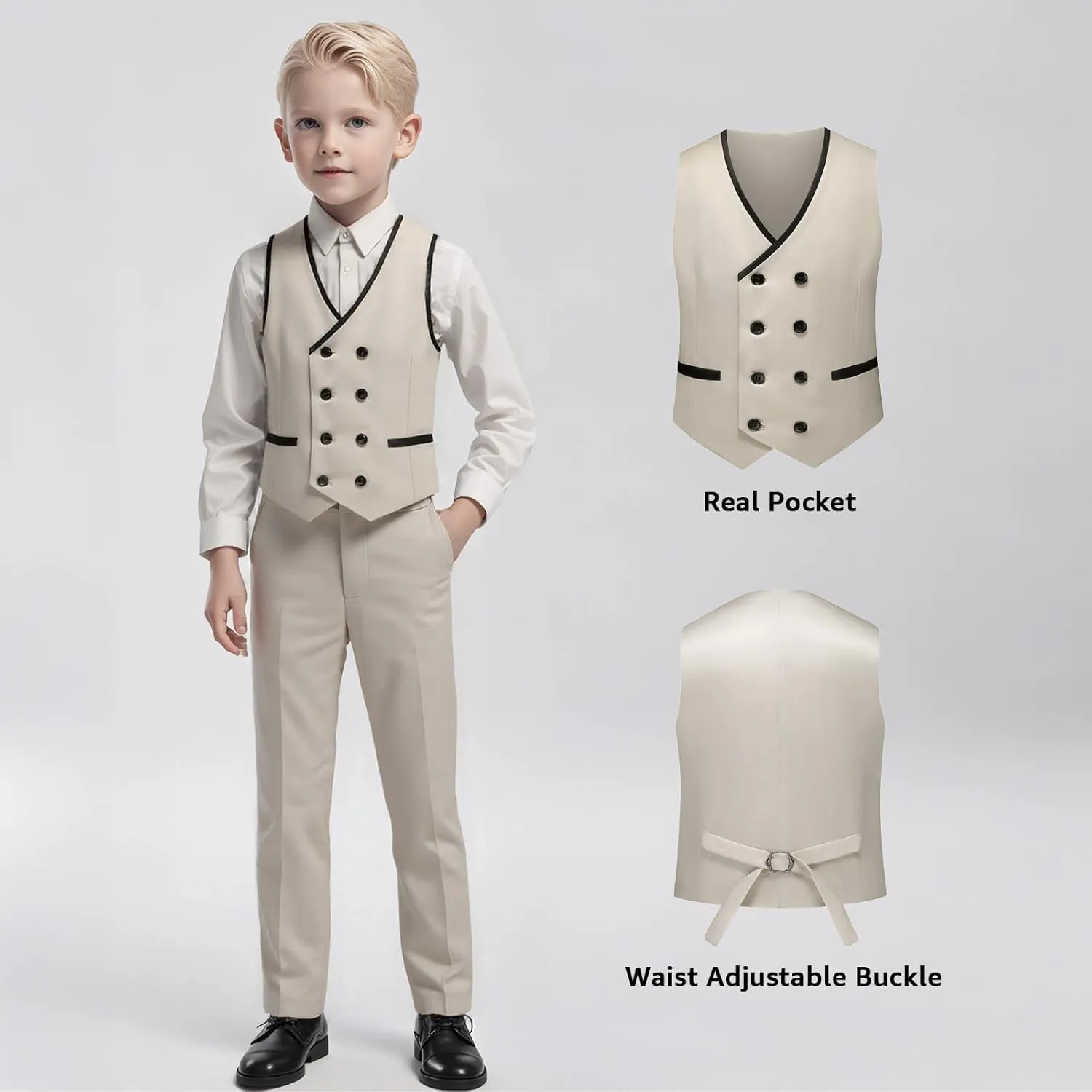 Boys Suit Set Slim Fit 4 Piece Formal Outfits Kids Suits Tuxedo Boys Vest Blazer Pants with Bow Tie for Wedding