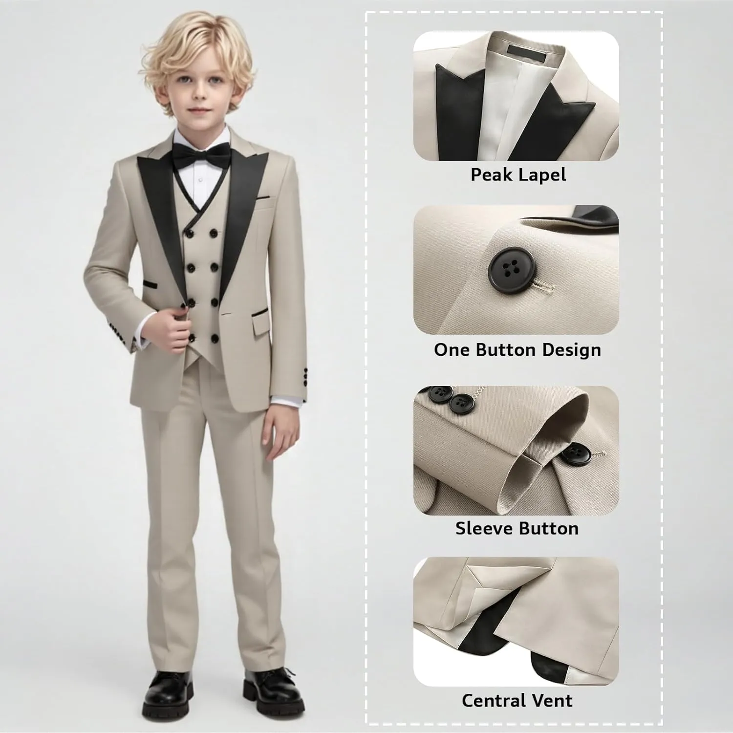 Boys Suit Set Slim Fit 4 Piece Formal Outfits Kids Suits Tuxedo Boys Vest Blazer Pants with Bow Tie for Wedding