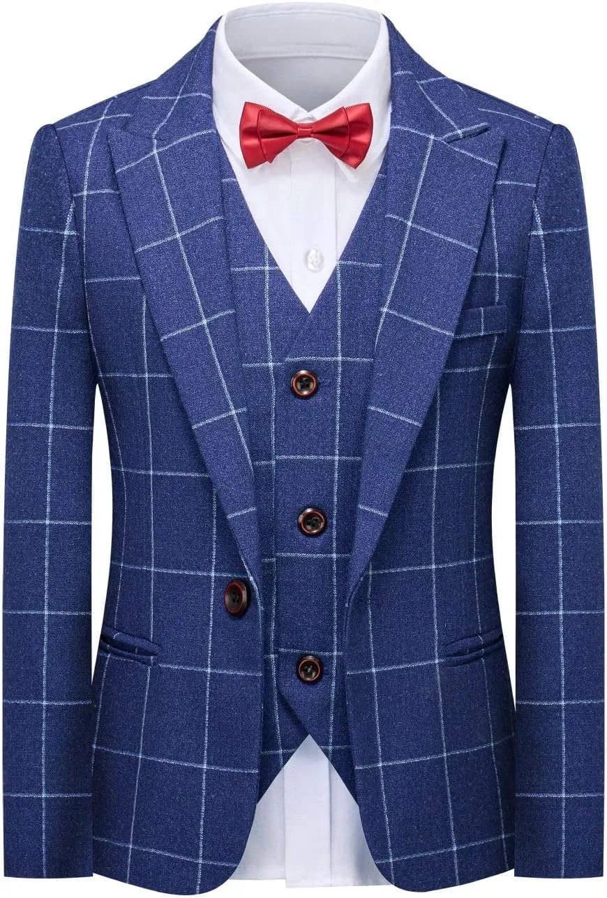 Boys Suits Set Plaid Blazer Vest Pants Single-Breasted Jacket Formal for Wedding Party Prom