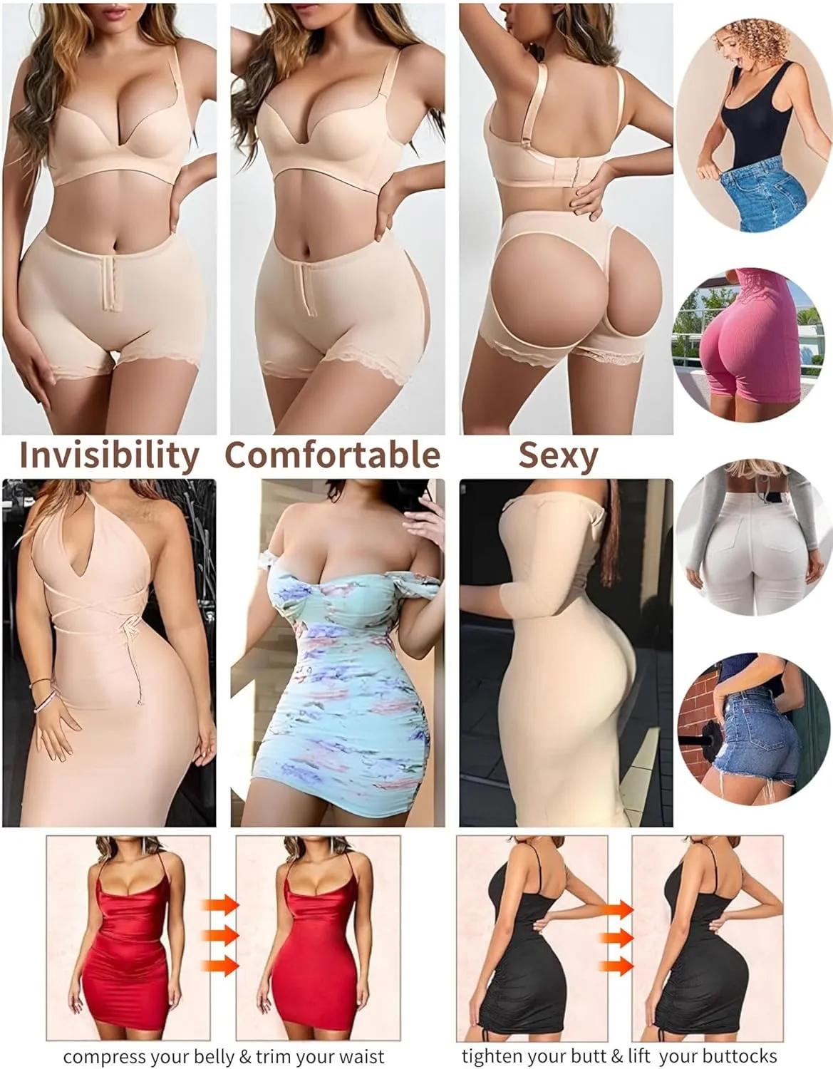 Butt Lifting Shapewear Underwear, Booty Lifting Shapewear Shorts Adjustable Tummy Control Butt Lift Shapewear