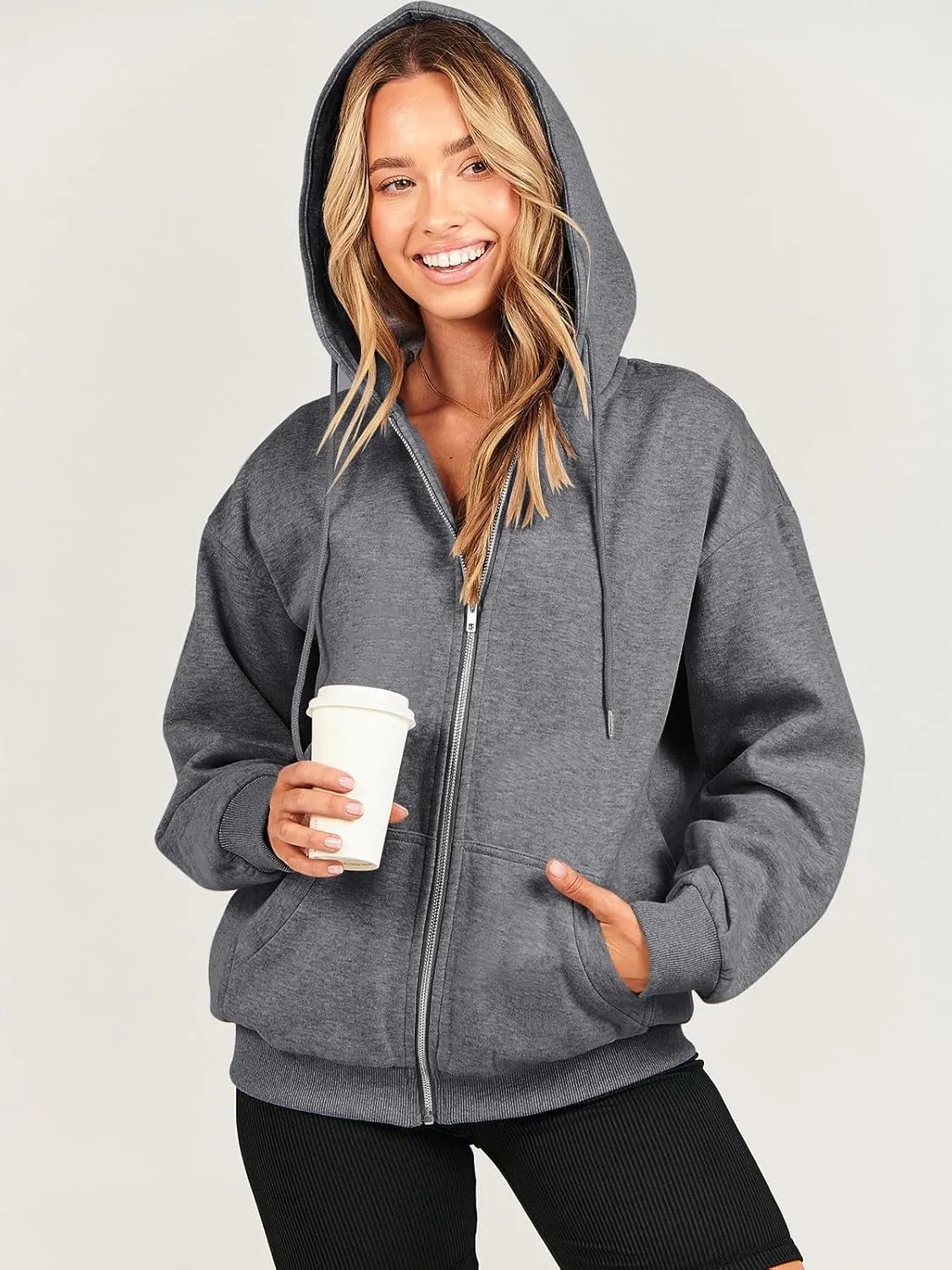 Caracilia Womens Zip Up Hoodies Oversized Long Sleeve Sweatshirts Casual Y2K Hoodie 2024 Fall Jacket with Pockets