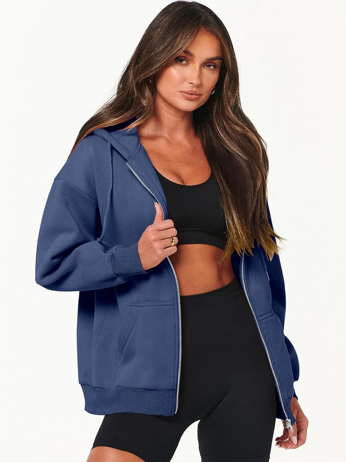 Caracilia Womens Zip Up Hoodies Oversized Long Sleeve Sweatshirts Casual Y2K Hoodie 2024 Fall Jacket with Pockets