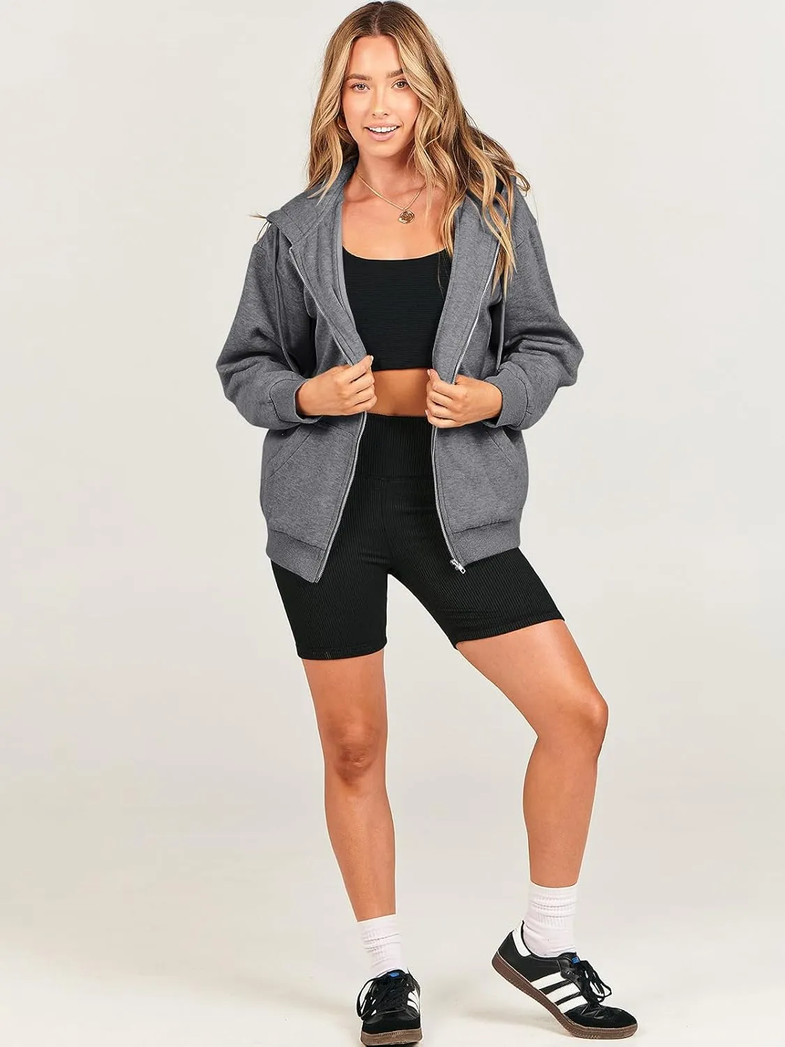 Caracilia Womens Zip Up Hoodies Oversized Long Sleeve Sweatshirts Casual Y2K Hoodie 2024 Fall Jacket with Pockets