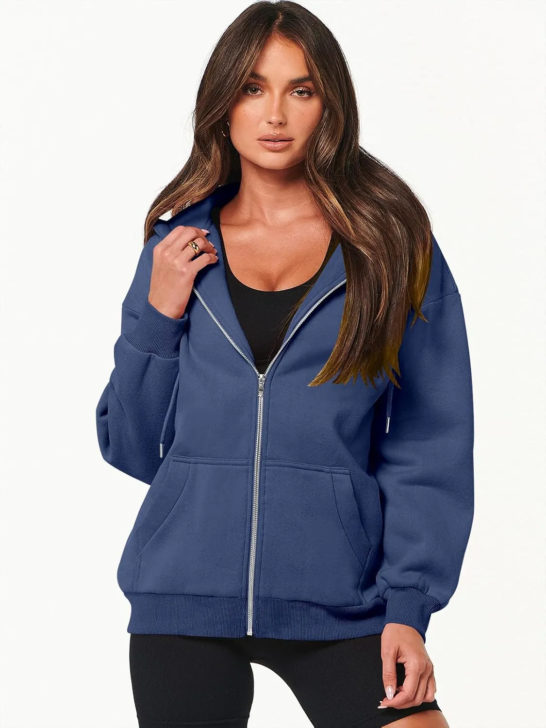 Caracilia Womens Zip Up Hoodies Oversized Long Sleeve Sweatshirts Casual Y2K Hoodie 2024 Fall Jacket with Pockets