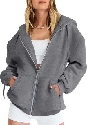 Caracilia Womens Zip Up Hoodies Oversized Long Sleeve Sweatshirts Casual Y2K Hoodie 2024 Fall Jacket with Pockets