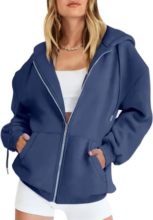 Caracilia Womens Zip Up Hoodies Oversized Long Sleeve Sweatshirts Casual Y2K Hoodie 2024 Fall Jacket with Pockets