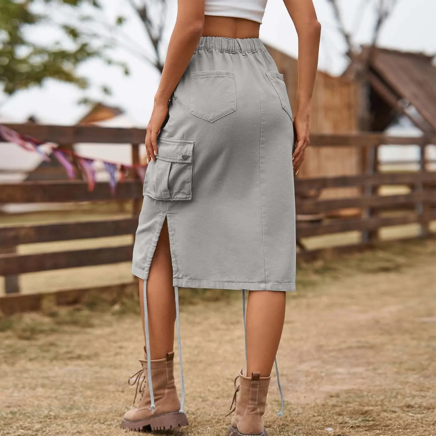 Cargo Skirts for Women with Pocket Midi Length Denim Skirt High Waisted Maxi Skirt Tie Split Jean Skirt Summer Skirts